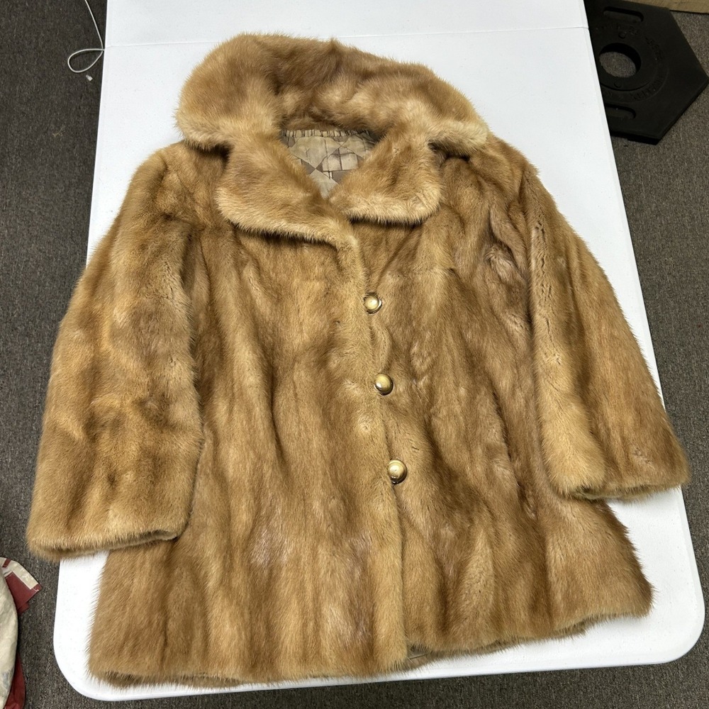 Unbranded Real Fur Coat Women Medium Tan Honey Brown Vintage Mid Length Button